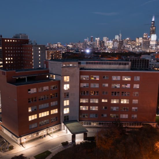 Image of UIC Department of Disability and Human Development building at nigh with the Chicago skyline in the background